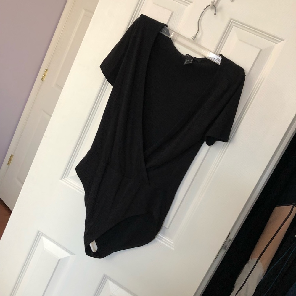 Forever 21 Black Faux Wrap Ribbed Bodysuits